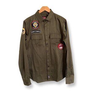 Phat Farm Men's Long Sleeve Button Up Military Shirt Green Patches Size Medium